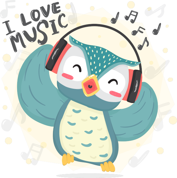 快乐的蓝猫头鹰跳舞，听音乐，唱歌图片下载