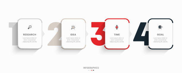 矢量信息图标签设计模板与图标和4个选项或步骤。可用于流程图，演示文稿，工作流程布局，横幅，流程图，信息图。图片下载