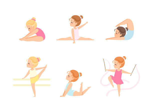 小女孩体操运动员穿着紧身衣做体操矢量集图片下载