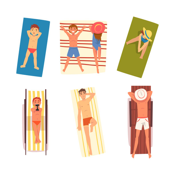 人们性格日光浴躺在沙滩上享受炎热的夏天矢量插图集图片下载