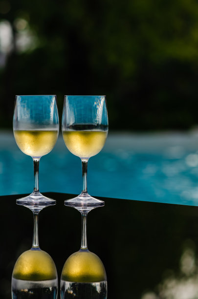 两杯白葡萄酒放在游泳池的桌子上图片下载