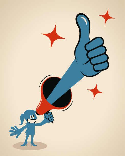 微笑的女商人拿着扩音器，竖起大拇指图片下载