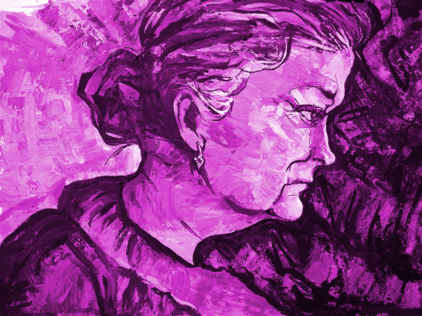 插图油画肖像侧面的女人长发和光滑的发型与珠宝在她的耳朵对粉红色的背景图片下载