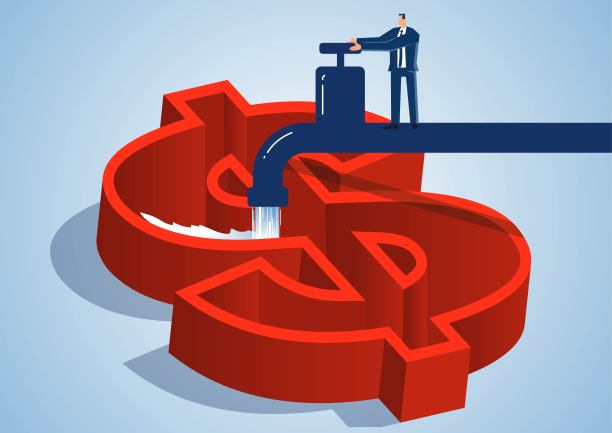 商人打开水龙头，在美元符号里灌满了水。图片下载