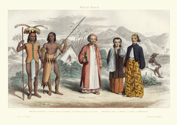 19世纪婆罗洲和爪哇岛当地人的传统马来时尚图片下载