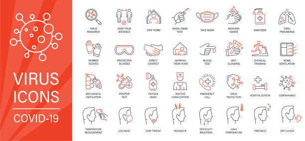 病毒-细线图标集。两种颜色-红色和黑色。冠状病毒矢量图图片下载