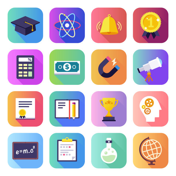 教学理论，研究与实践平坦平滑渐变风格矢量图标集图片下载