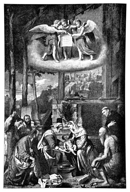 《耶稣诞生-牧羊人的崇拜》(Natività - Adorazione dei pastori)，作者亚历山德罗·邦维奇诺(Alessandro Bonvicino)，被称为Il Moretto da Brescia, 16世纪，布艺油画图片下载