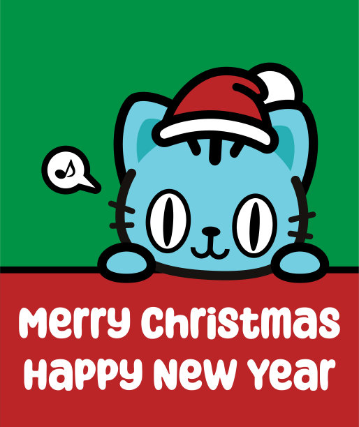 一只可爱的猫戴着圣诞帽，举着牌子，祝你圣诞快乐，新年快乐图片下载