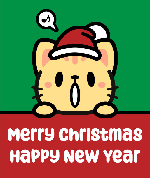 一只可爱的猫戴着圣诞帽，举着牌子，祝你圣诞快乐，新年快乐图片下载