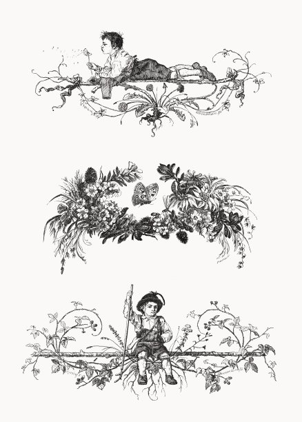 带有男孩和植物图案的小插图，木版，1877年出版图片下载