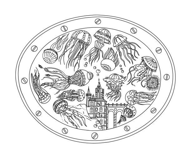 水母在舷窗，海洋生物，水下海景，水下世界，鱼，宝藏涂鸦图片下载