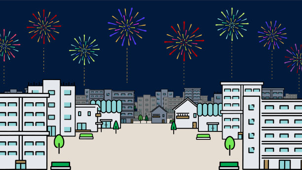 背景模板的夜空和城市景观装饰烟花图片下载