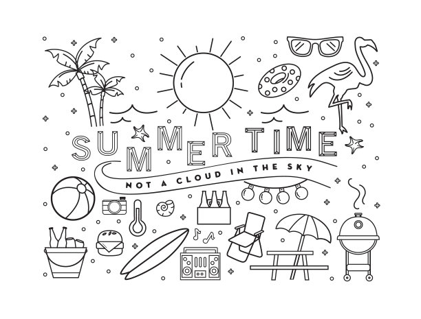 夏季横幅设计与文字和夏季线艺术图标图片下载