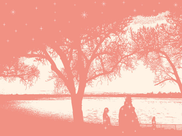 晚上人们在湖边的小径上散步图片下载