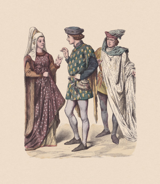 15世纪，英国服饰，手工着色木刻，大约1880年出版图片下载