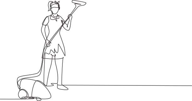 单线绘画的年轻女子在家工作图片下载