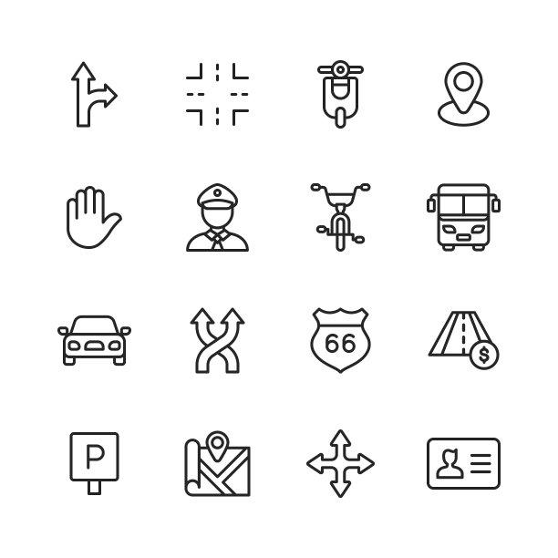 交通线图标。可编辑的中风。像素完美。移动和网络。包含如十字路口，汽车，滑板车，警察，道路，自行车，公共汽车，汽车，车辆，高速公路，交通标志，停车标志，导航，地图，驾驶执照，停止标志。图片下载