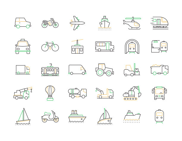 车辆和运输相关的矢量线图标。大纲符号集合图片下载