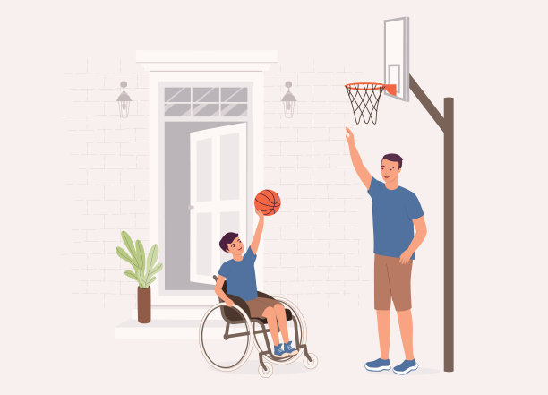 坐在轮椅上的快乐儿子和他的父亲在家外面打篮球。图片下载