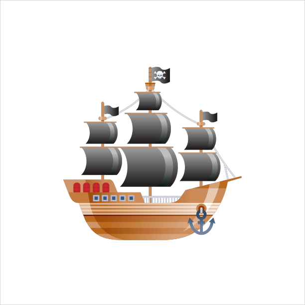 卡通老海盗船与黑色的帆和桨图片下载
