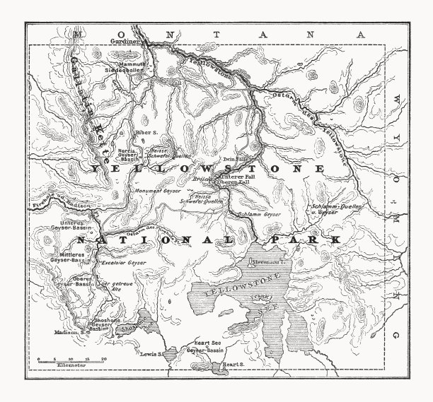美国黄石国家公园木刻地图，1899年图片下载