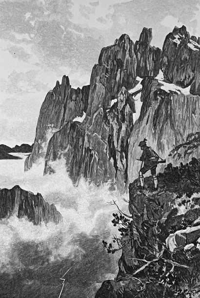 猎人在高山上打猎，俯视山谷图片下载