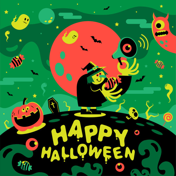 恐怖的女巫手里拿着扩音器站在山上说万圣节时间到了，穿上你最好的服装来参加我们的怪物聚会图片下载