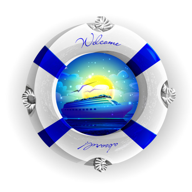 卡通风格的旅游度假概念。游船在水中满月的灯光下，救生圈孤立在白色的背景上。图片下载