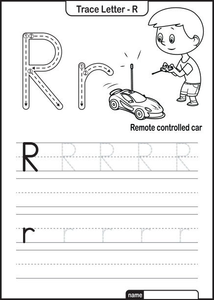 字母跟踪字母A到Z学龄前工作表与字母R遥控汽车亲矢量图片下载