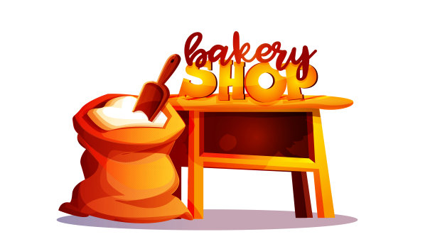 卡通风格的烘焙概念。面包店的招牌，白色背景上有一袋面粉。图片下载
