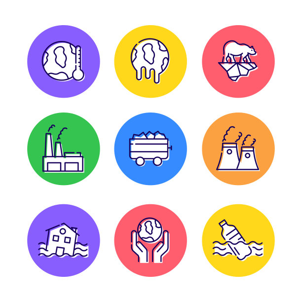 一套全球变暖相关的线条图标。大纲符号集合图片下载