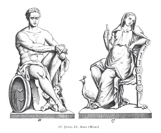 朱诺，战神(战神)，希腊和罗马神话中的传奇场景和人物雕刻古董插图，1851年出版图片下载