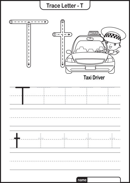 字母跟踪字母A到Z学龄前工作表与字母T出租车司机专业图片下载