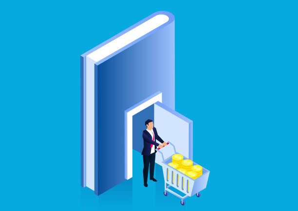 商人推着一车金币走出了书本、知识和财富的大门图片下载