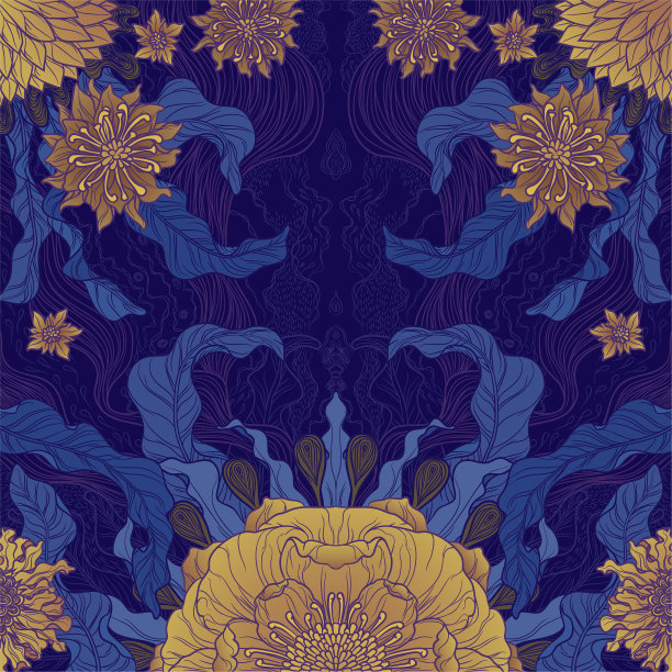 典雅的毛笔绘制花卉图案设计在金色和紫色图片下载