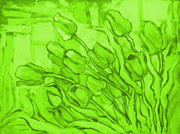 插图油画静物盛开的郁金香在绿色装饰背景图片下载