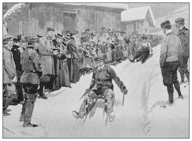 古董插图:无舵雪橇、雪橇、有舵雪橇、达沃斯雪橇比赛图片下载