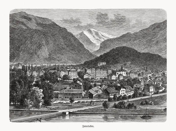 瑞士因特拉肯的历史观，木刻，1893年出版图片下载