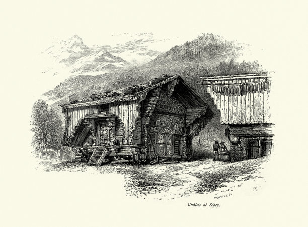 阿尔卑斯山，男人，19世纪瑞士勒塞佩的小木屋图片下载