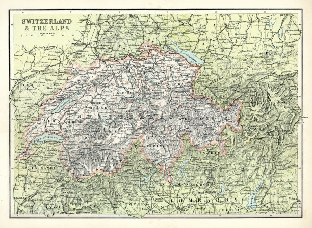 瑞士和阿尔卑斯山的古老地图图片下载
