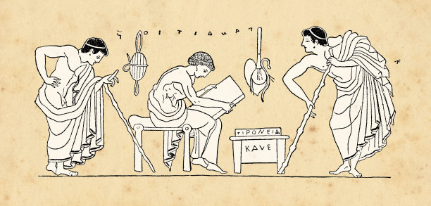 展示人们写作和讨论的希腊花瓶图片下载