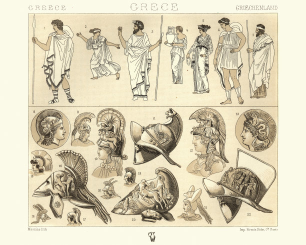 古希腊的服装，束腰外衣，斗篷和头盔图片下载