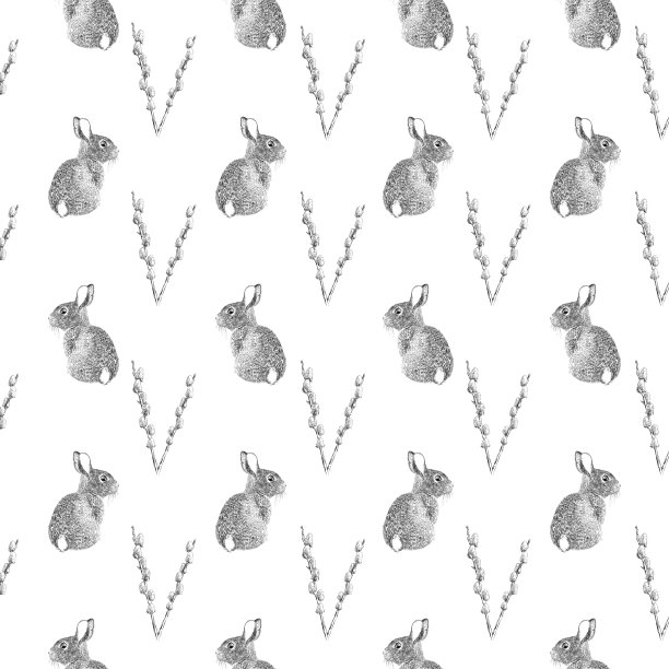 猫咪柳和兔子水彩和墨水矢量无缝模式图片下载