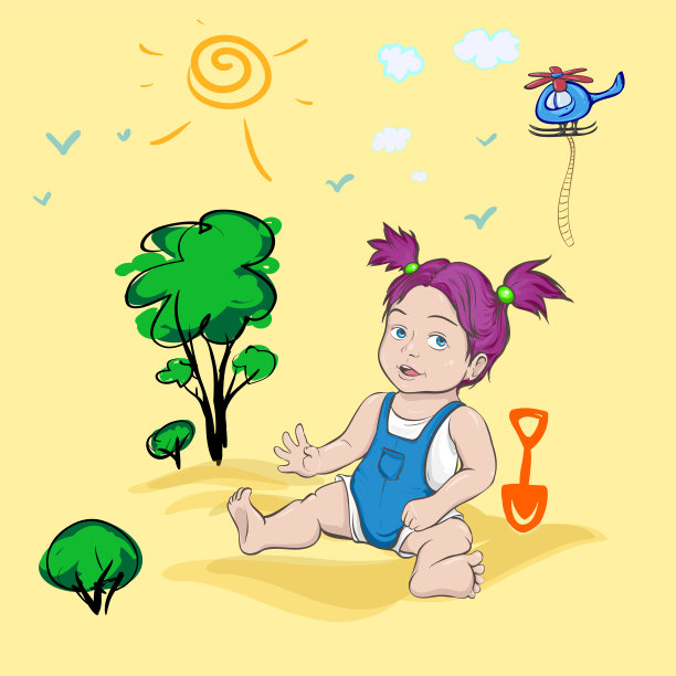 童话，风格化的景观，一个坐在沙滩上的孩子，玩具和飞行的童话直升机图片下载