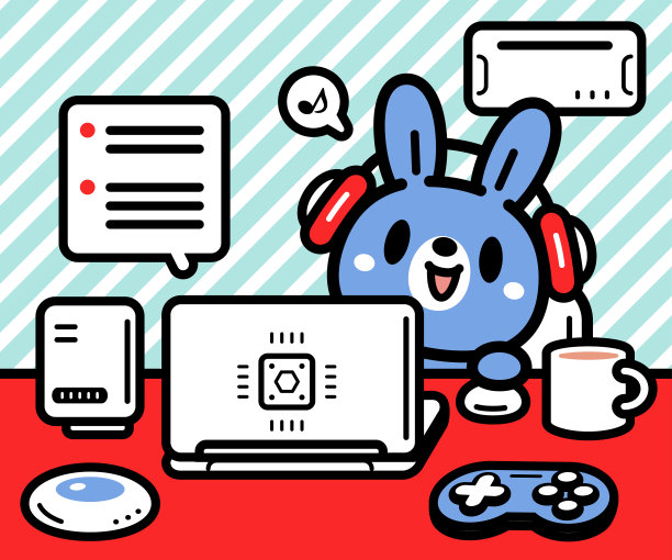 坐在桌旁使用笔记本电脑并与AI聊天的可爱兔子图片下载