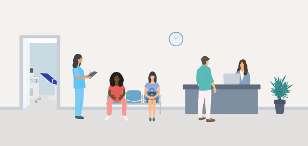 孕妇和病人在医院候诊室的预约时间。女接待员在前台与年轻男子交谈图片下载