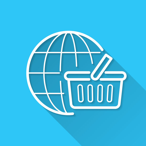 国际购物。图标在蓝色背景-平面设计与长阴影图片下载