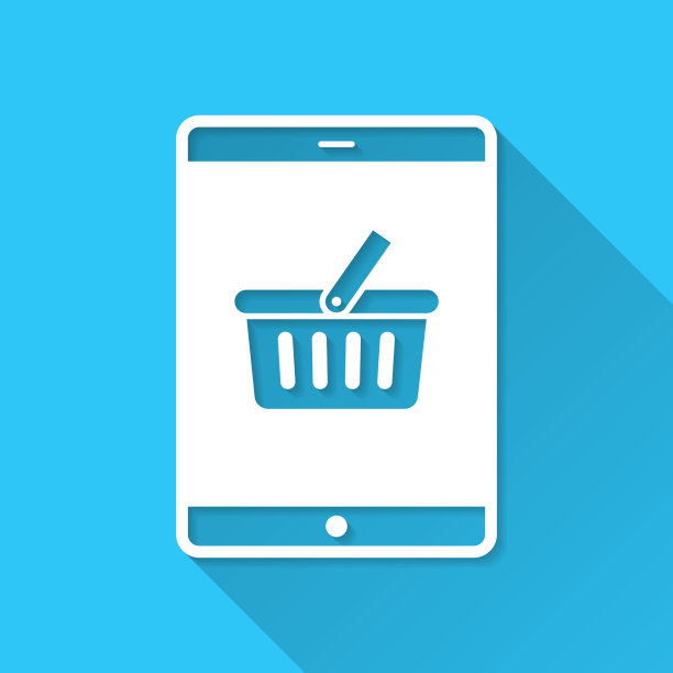 带购物篮的平板电脑。图标在蓝色背景-平面设计与长阴影图片下载