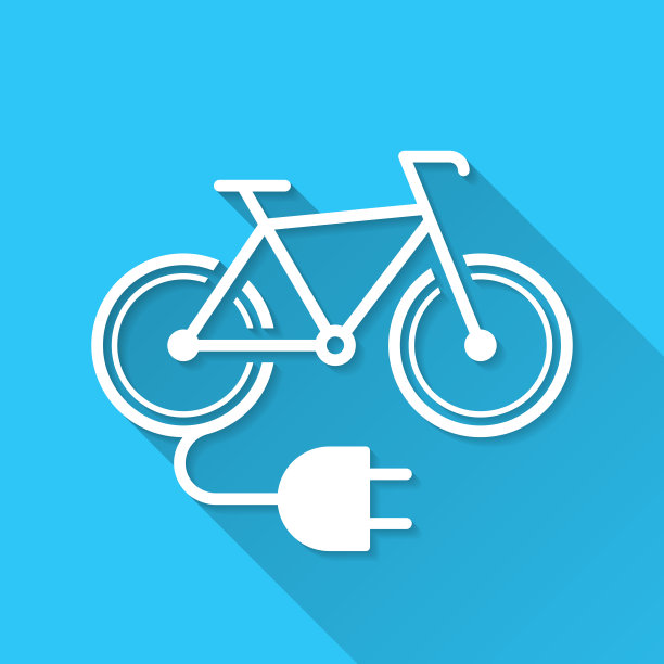 带插头的电动自行车。图标在蓝色背景-平面设计与长阴影图片下载